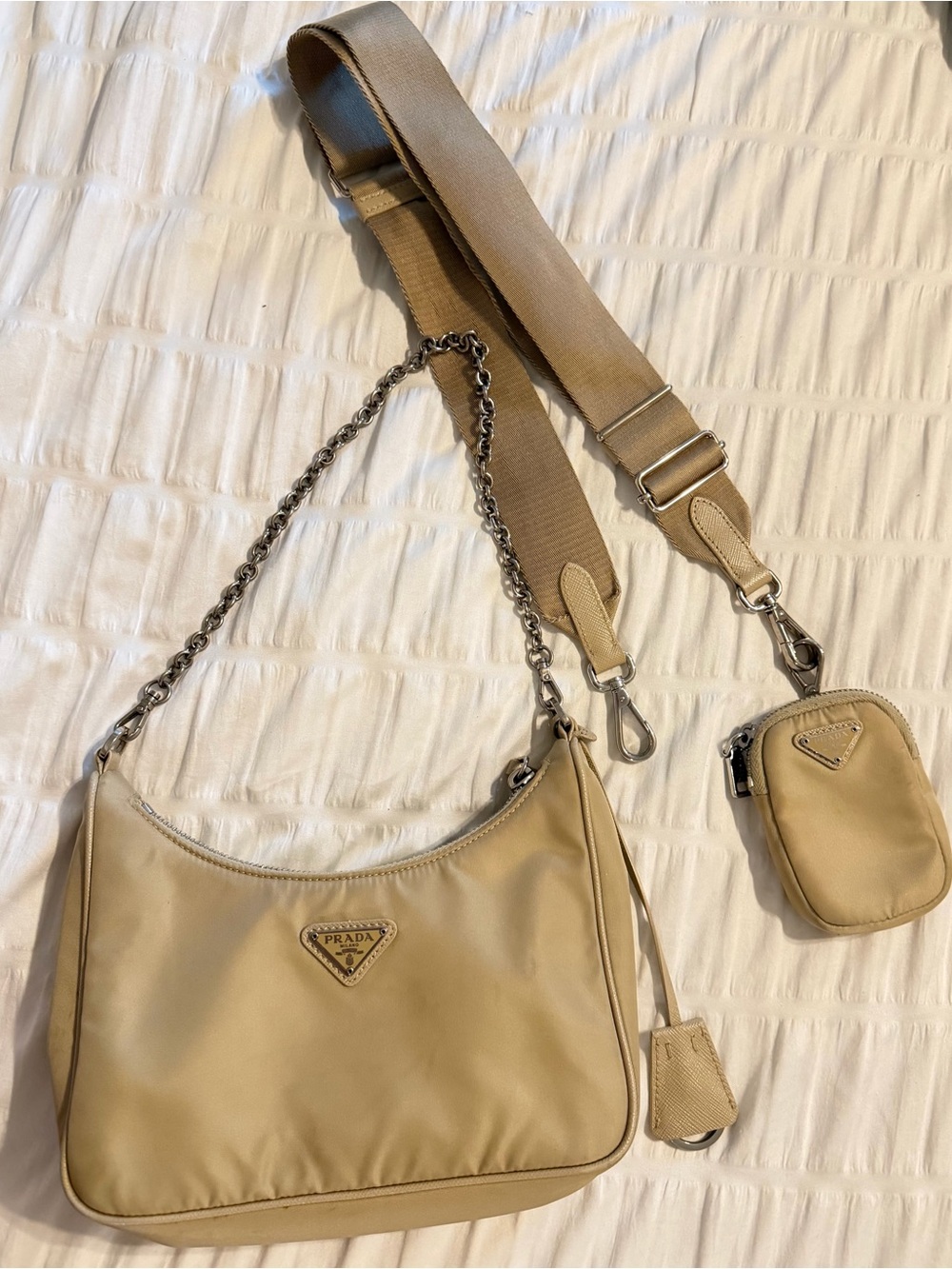 Prada Beige Nylon Shoulder Bag with Detachable Strap and Pouch
